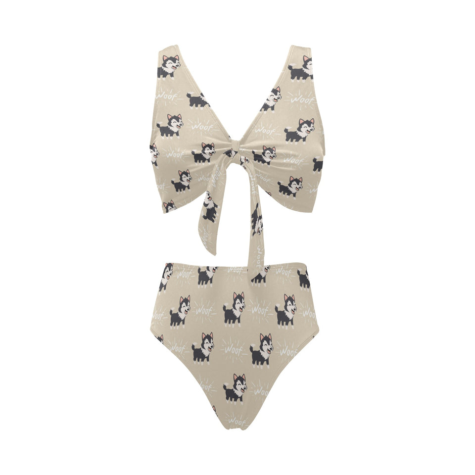 Cute Siberian Husky Chest Bowknot High Waisted Bikini Swimsuit