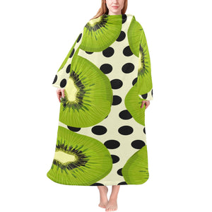 kiwi black dot background Blanket Robe with Sleeves