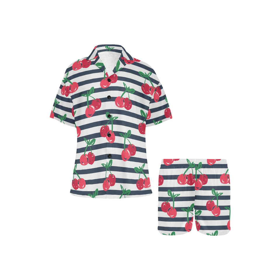 Hand drawn cherry pattern striped background Women's V-Neck Short Pajama Set