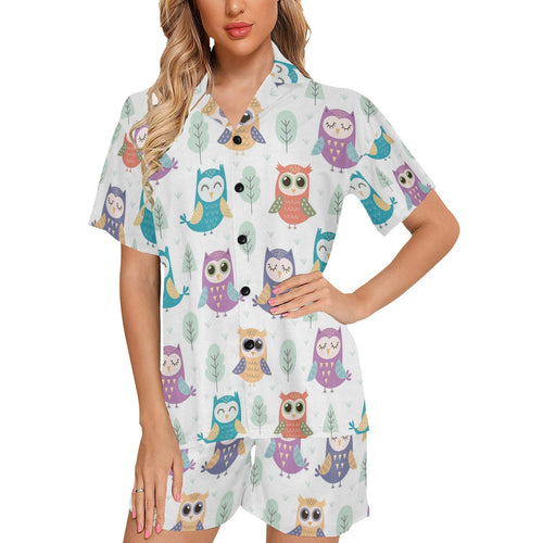 Cute owl pattern Women's V-Neck Short Pajama Set