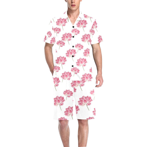 Pink lotus waterlily pattern Men's V-Neck Short Pajama Set