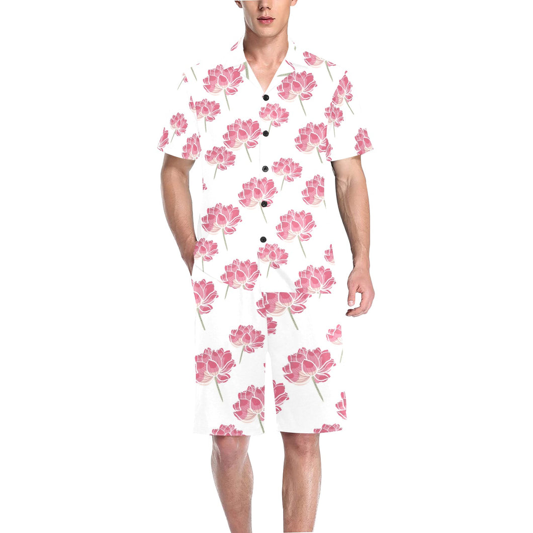 Pink lotus waterlily pattern Men's V-Neck Short Pajama Set