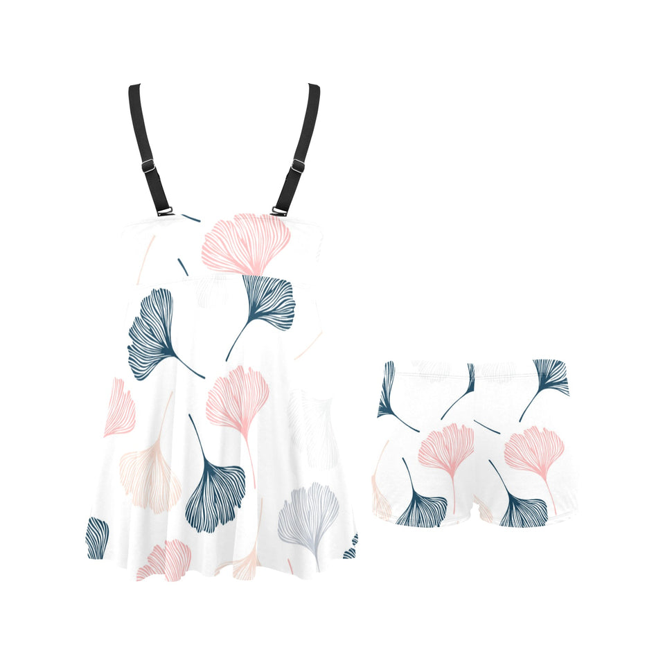 Black Gray Cream coral ginkgo leaves pattern Chest Sexy Pleated Two Piece Swim Dress