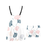 Black Gray Cream coral ginkgo leaves pattern Chest Sexy Pleated Two Piece Swim Dress