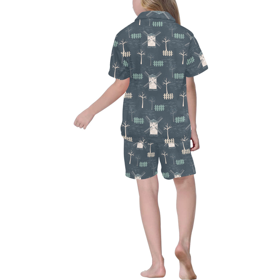 windmill tree pattern Kids' Boys' Girls' V-Neck Short Pajama Set