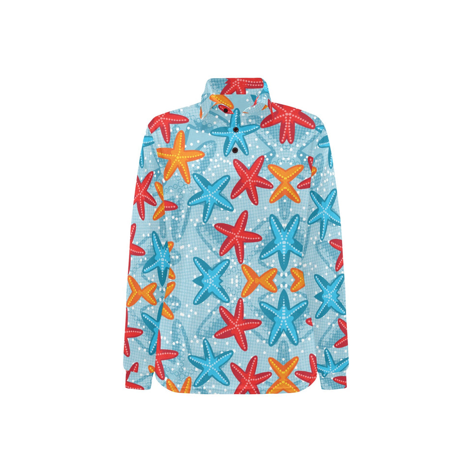 Blue red orange starfish pattern Women's Long Sleeve Polo Shirt