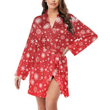 Snowflake pattern red background Women's Long Sleeve Belted Night Robe