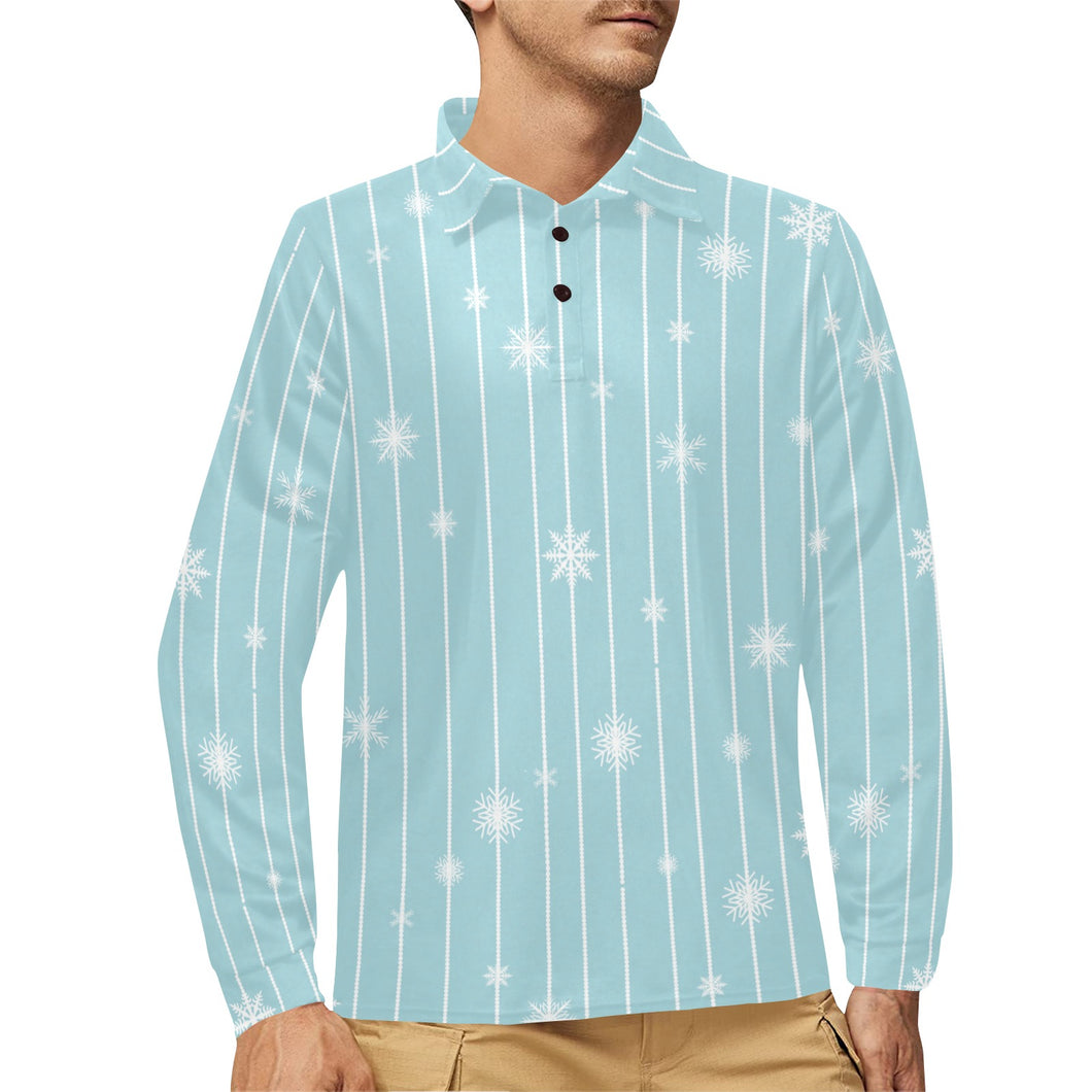 Snowflake pattern blue stripe background Men's Long Sleeve Polo Shirt