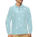 Snowflake pattern blue stripe background Men's Long Sleeve Polo Shirt