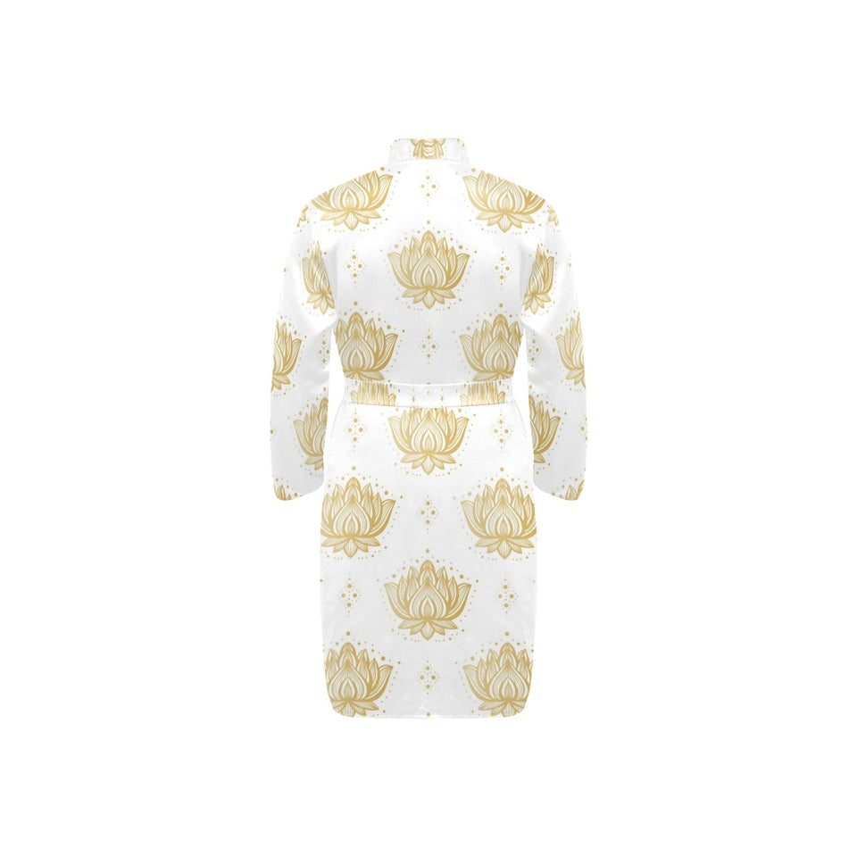 Gold Ornamental lotue waterlily symbol pattern Men's Long Sleeve Belted Night Robe