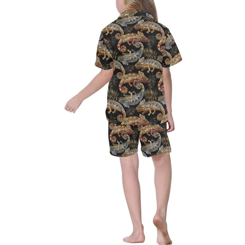 Chameleon lizard tropical leaves palm tree Kids' Boys' Girls' V-Neck Short Pajama Set