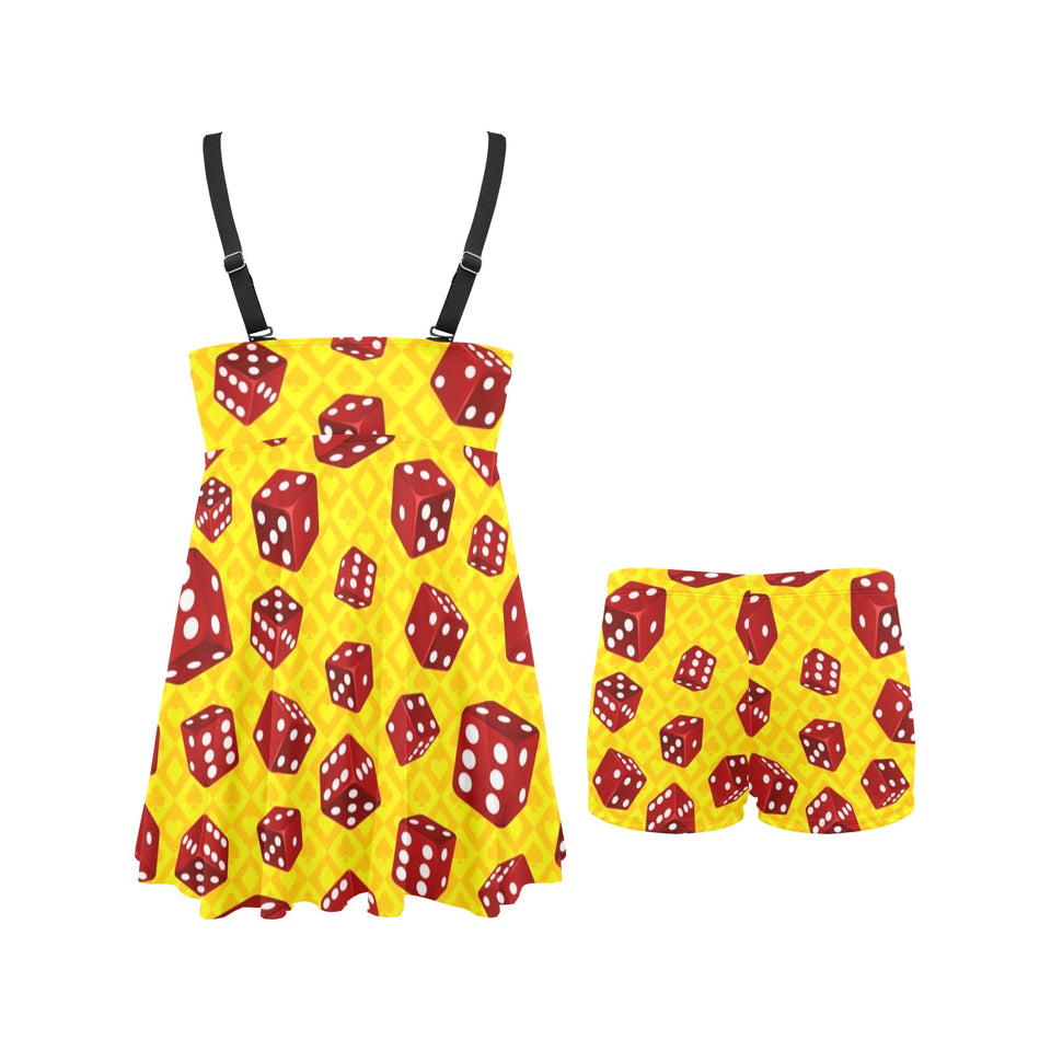 Dice Pattern Print Design 04 Chest Sexy Pleated Two Piece Swim Dress