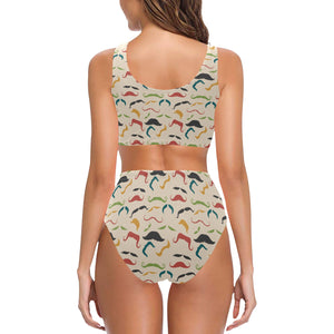 Mustache Beard Pattern Print Design 03 Chest Bowknot High Waisted Bikini Swimsuit