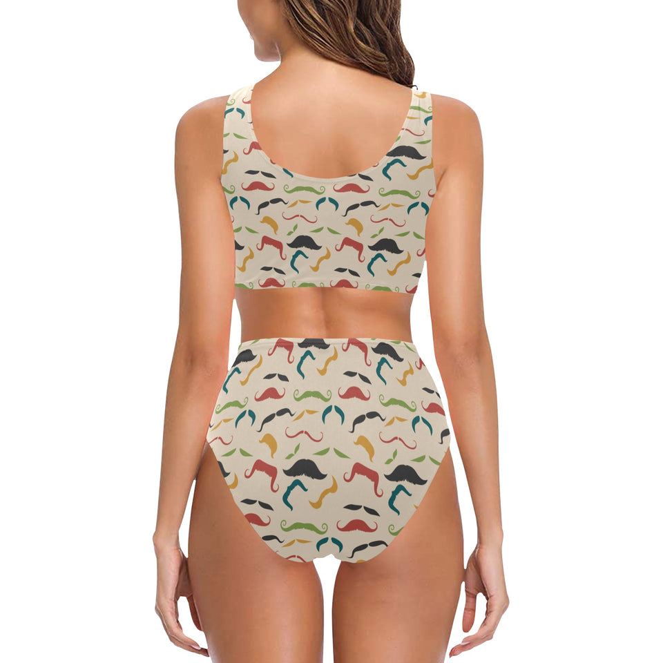 Mustache Beard Pattern Print Design 03 Chest Bowknot High Waisted Bikini Swimsuit