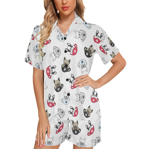 French bulldog cup paw pattern Women's V-Neck Short Pajama Set