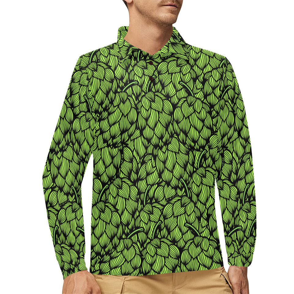 Green hop pattern Men's Long Sleeve Polo Shirt