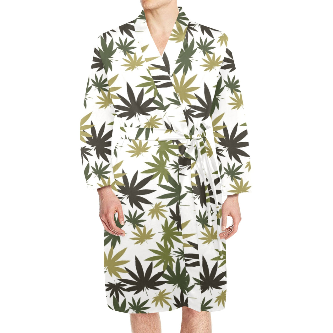 Canabis Marijuana Weed Pattern Print Design 05 Men's Long Sleeve Belted Night Robe