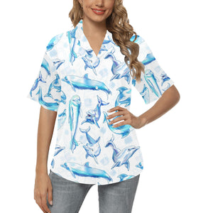 Watercolor dolphin pattern Women's All Over Print Hawaiian Shirt