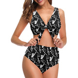 Saxophone music notes treble clef black white them Chest Bowknot High Waisted Bikini Swimsuit