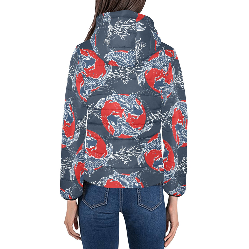 Koi Fish Carp Fishs hand drawn japanese art Women's Padded Hooded Jacket