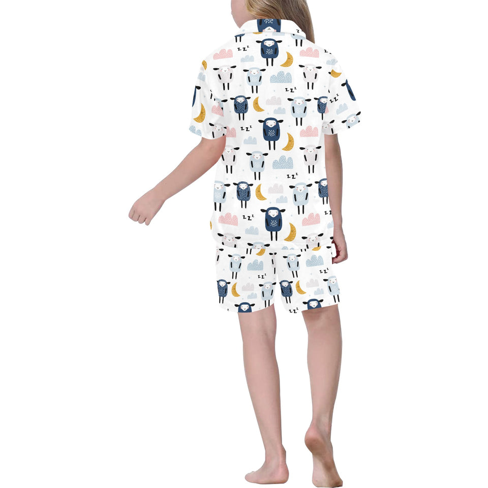 Cute sleeping sheep moon cloud pattern Kids' Boys' Girls' V-Neck Short Pajama Set