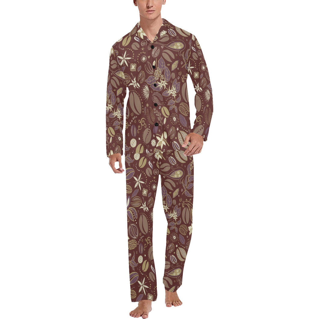 Coffee bean flower pattern Men's Long Pajama Set