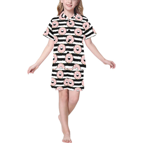 Donuts pink icing striped pattern Kids' Boys' Girls' V-Neck Short Pajama Set