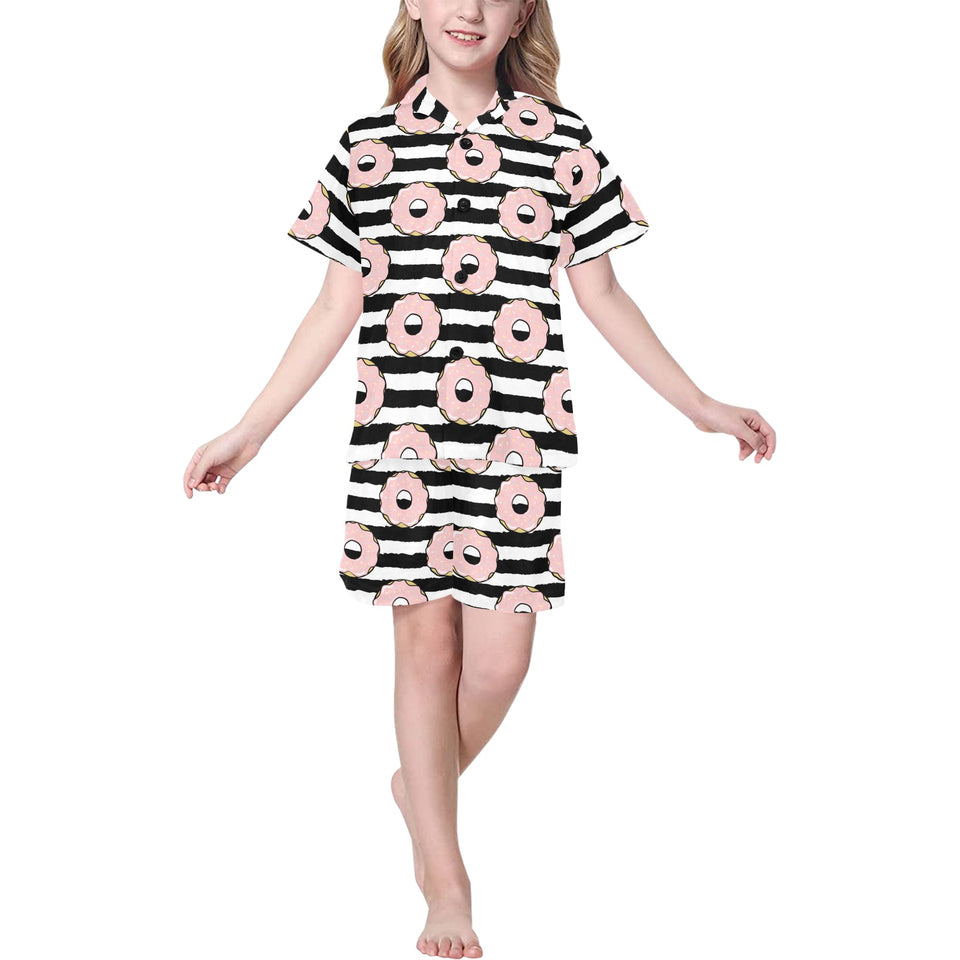 Donuts pink icing striped pattern Kids' Boys' Girls' V-Neck Short Pajama Set