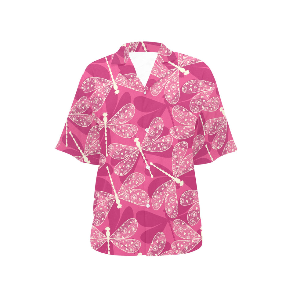 Beautiful dragonfly pink background Women's All Over Print Hawaiian Shirt