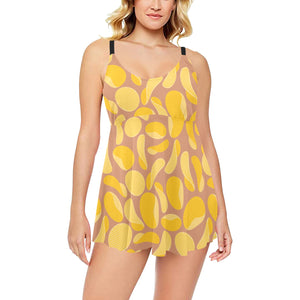 Potato Chips Pattern Print Design 01 Chest Sexy Pleated Two Piece Swim Dress