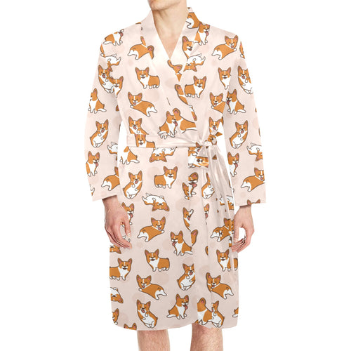 Cute Corgis Pattern pink background Men's Long Sleeve Belted Night Robe