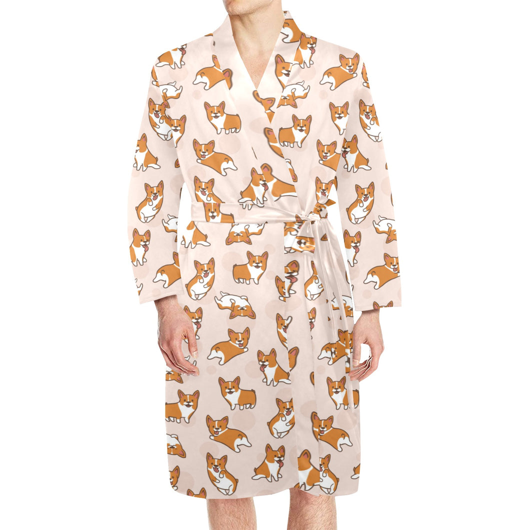 Cute Corgis Pattern pink background Men's Long Sleeve Belted Night Robe