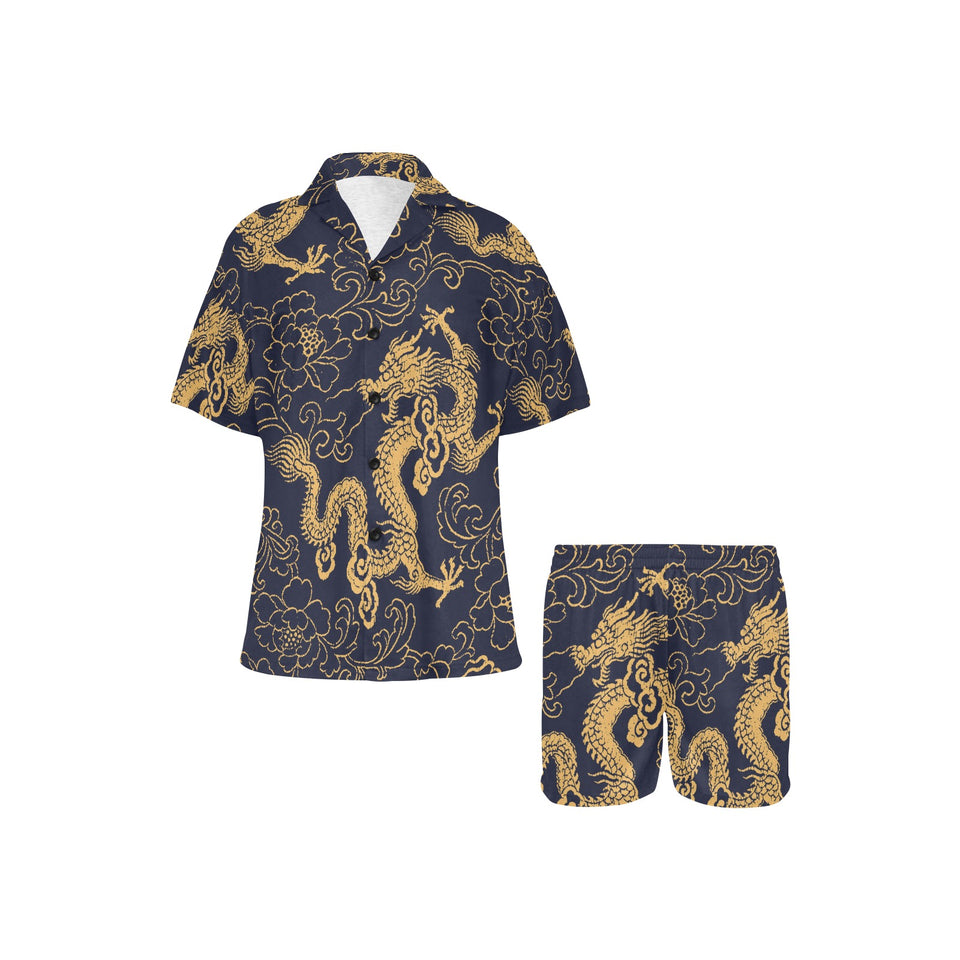 Gold dragon pattern Women's V-Neck Short Pajama Set