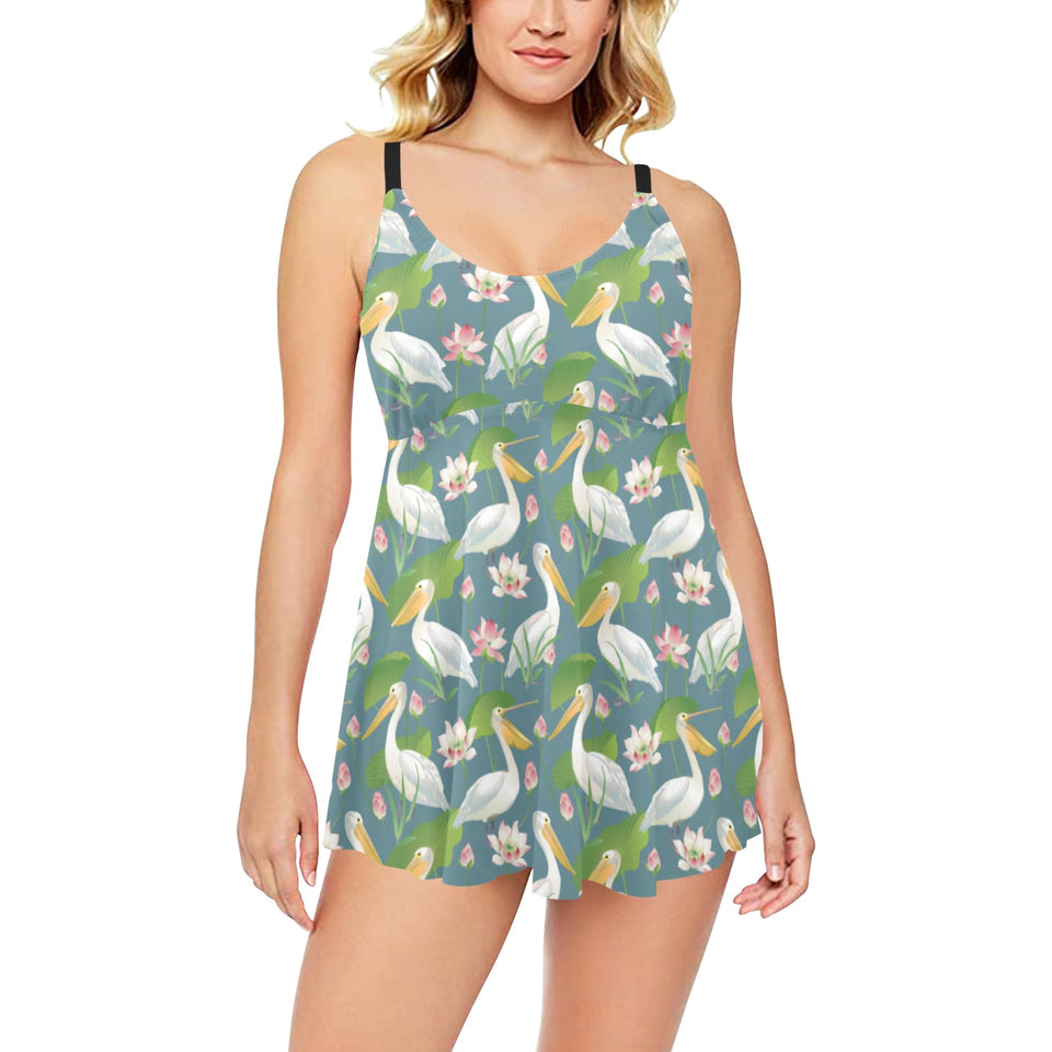 Pelican Pattern Print Design 04 Chest Sexy Pleated Two Piece Swim Dress