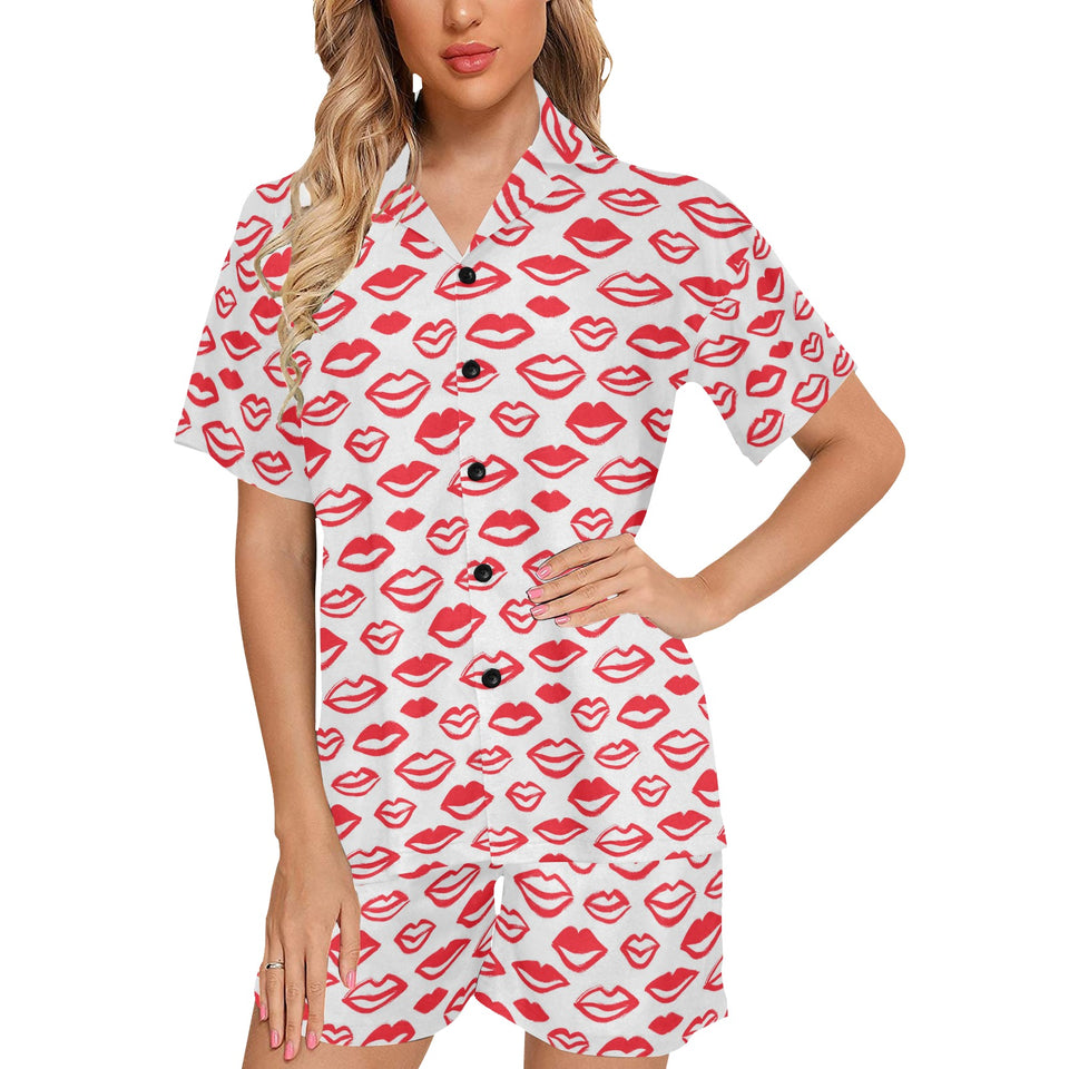 Lips Pattern Print Design 05 Women's V-Neck Short Pajama Set