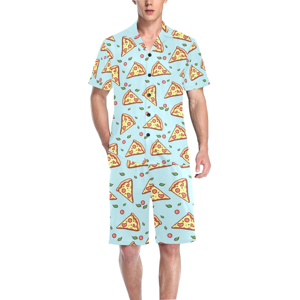 Hand drawn pizza blue background Men's V-Neck Short Pajama Set