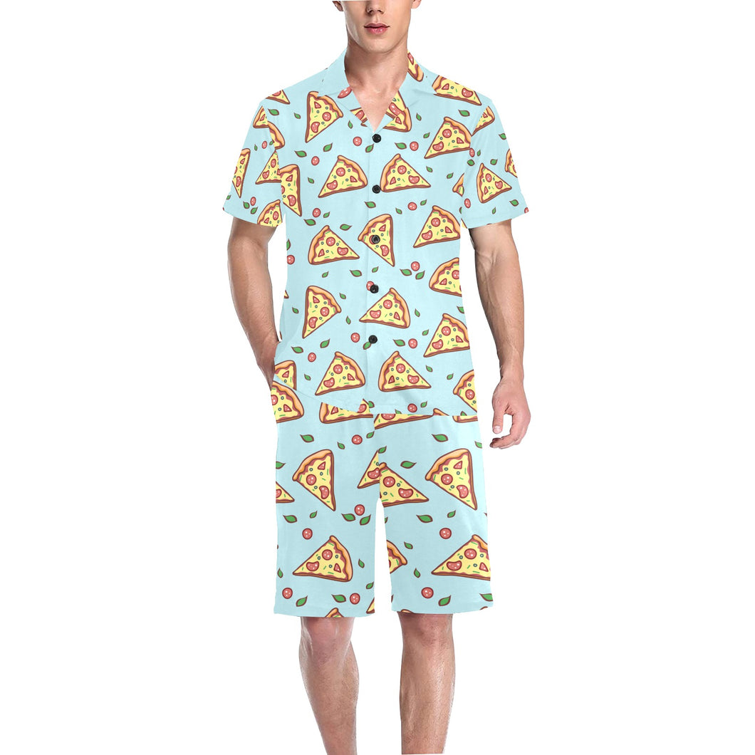 Hand drawn pizza blue background Men's V-Neck Short Pajama Set