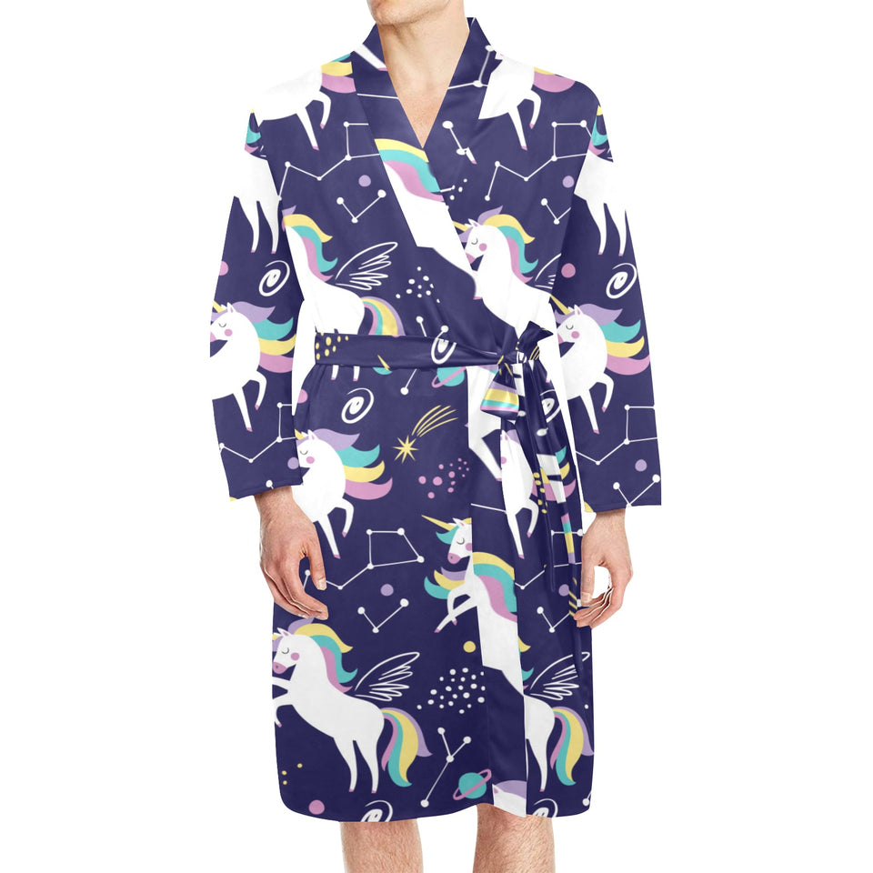 Hand drawn cute unicorn star planet Men's Long Sleeve Belted Night Robe