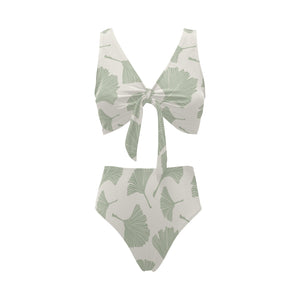 Ginkgo leaves pattern Chest Bowknot High Waisted Bikini Swimsuit