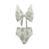 Ginkgo leaves pattern Chest Bowknot High Waisted Bikini Swimsuit
