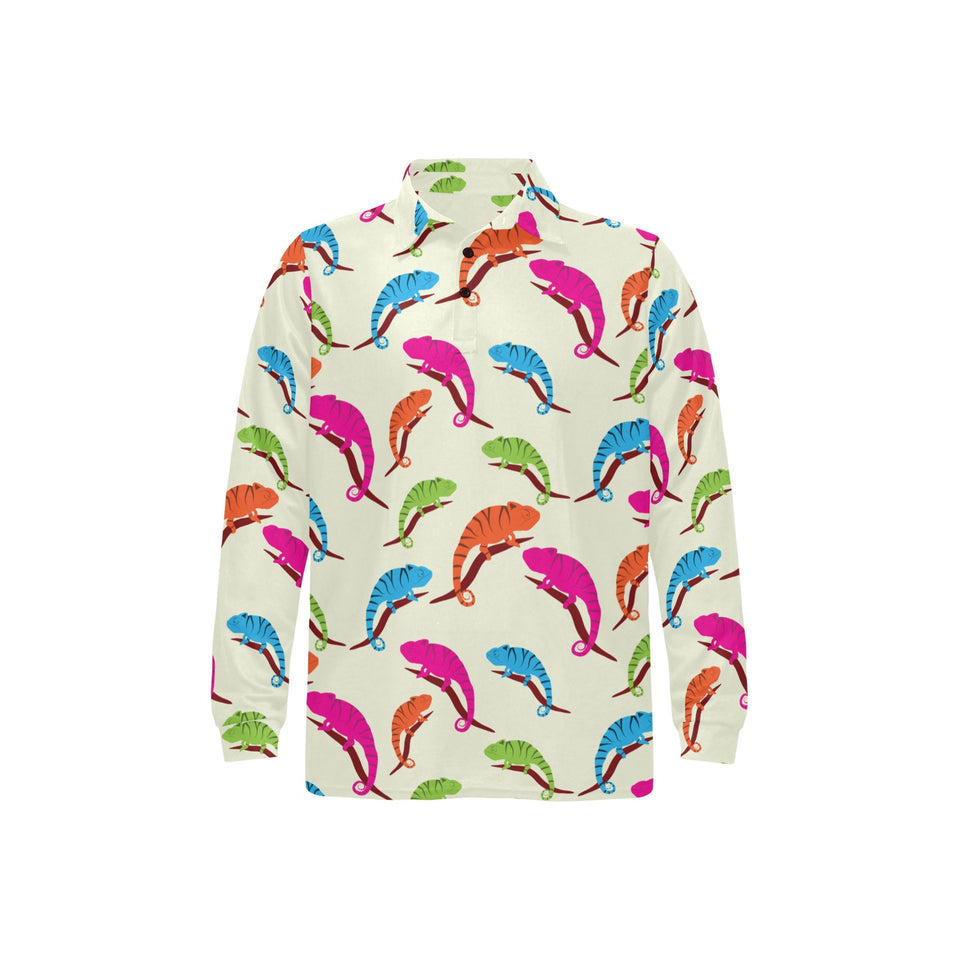 Colorful Chameleon lizard pattern Men's Long Sleeve Polo Shirt
