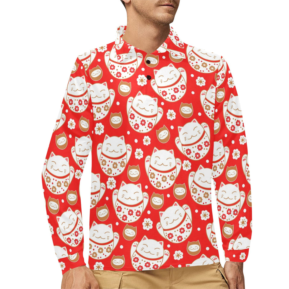 Cute Maneki neko cat red background Men's Long Sleeve Polo Shirt