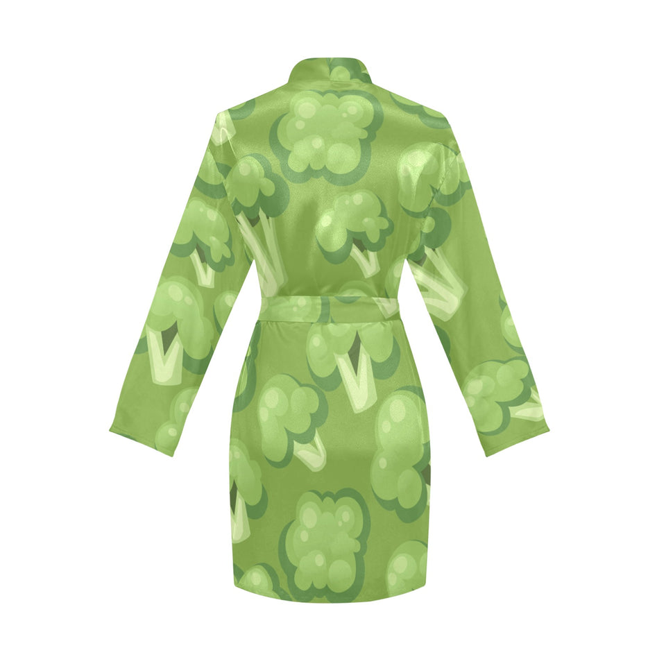 Broccoli pattern green background Women's Long Sleeve Belted Night Robe