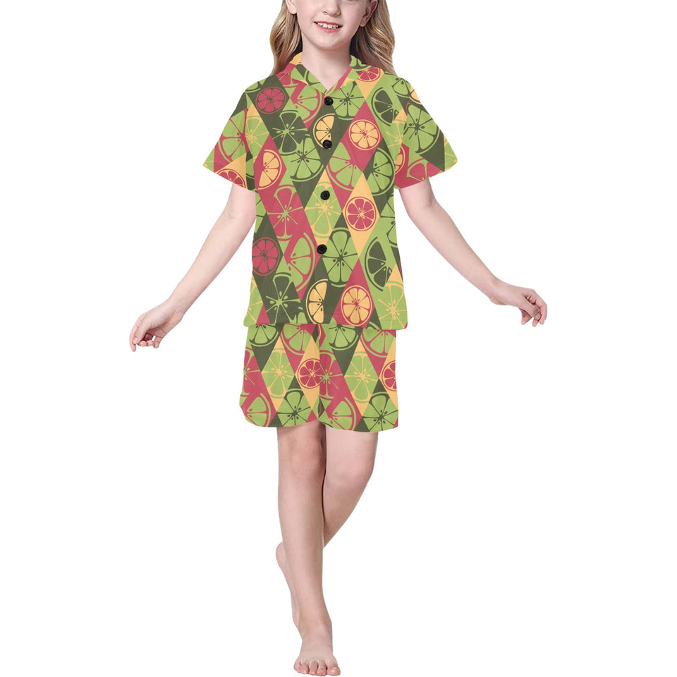 Cool Geometric lime pattern Kids' Boys' Girls' V-Neck Short Pajama Set