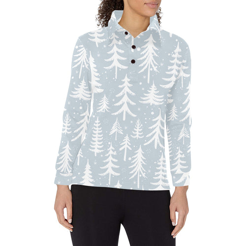Christmas tree winter forest pattern Women's Long Sleeve Polo Shirt