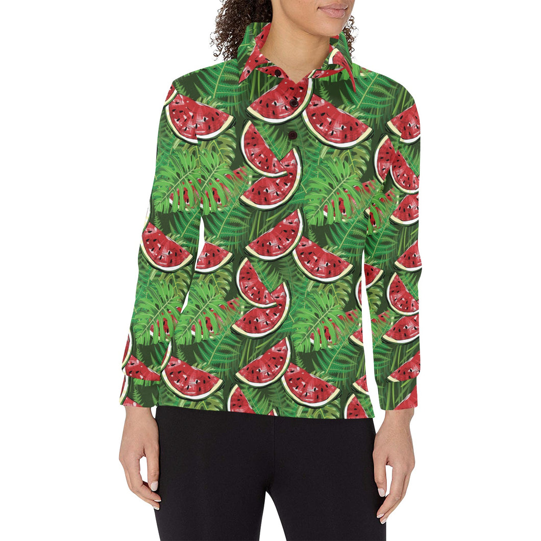 Watermelons tropical palm leaves pattern backgroun Women's Long Sleeve Polo Shirt