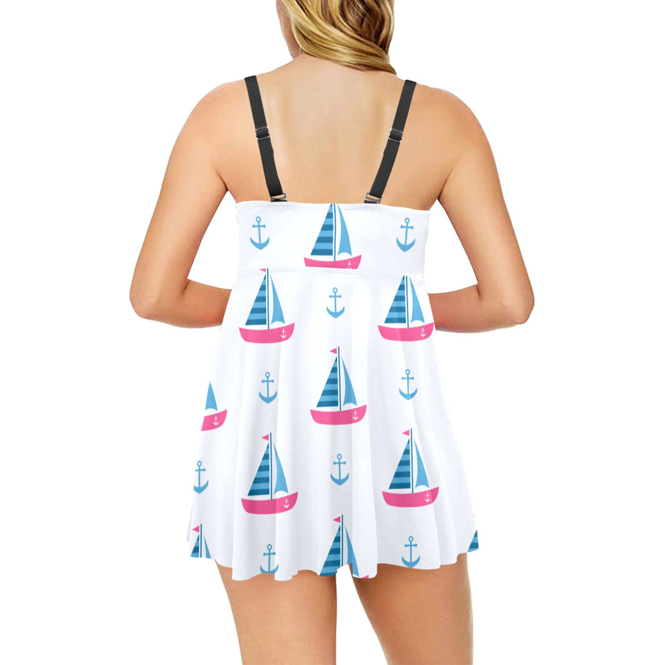 Sailboat anchor pattern Chest Sexy Pleated Two Piece Swim Dress