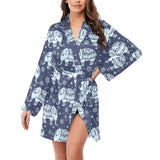 Elephant tribal design pattern Women's Long Sleeve Belted Night Robe