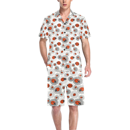 Ladybug Pattern Print Design 05 Men's V-Neck Short Pajama Set