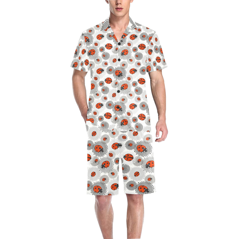 Ladybug Pattern Print Design 05 Men's V-Neck Short Pajama Set